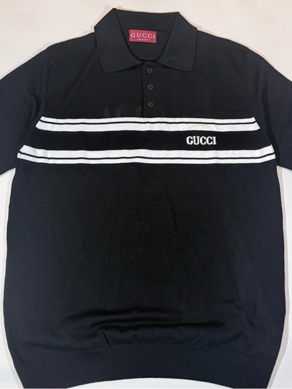 Gucci Black Polo with White Chest Stripes